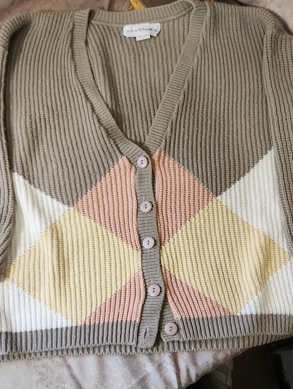 Norton McNaughton Taupe Cardigan with Pink, Yellow and Cream Argyle